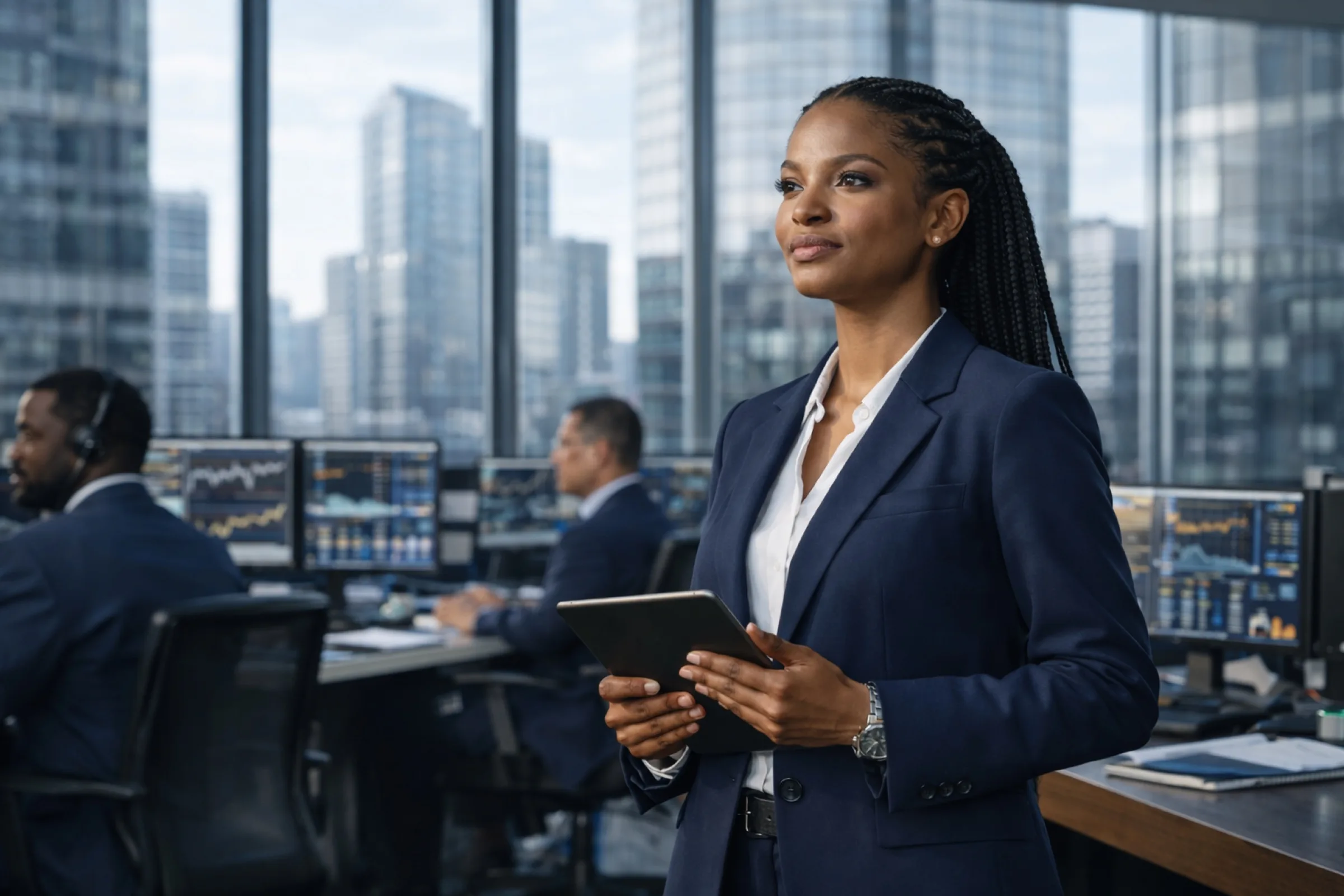Femme cadre financier africaine sur un trading floor de la zone CEMAC, tablette en main, ambiance moderne lumineuse.